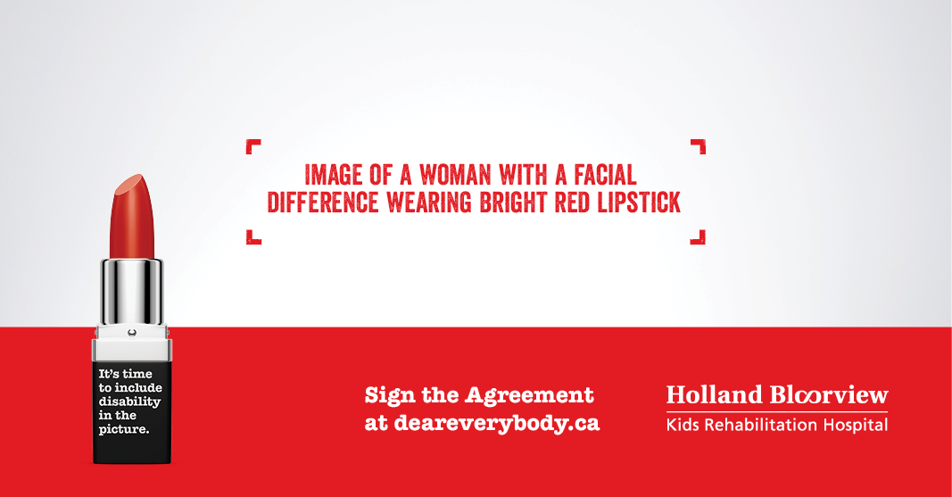Image of a woman with a facial difference wearing bright red lipstick